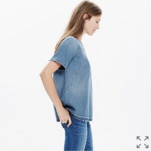 Madewell Drop-Hem Denim Blouse S Edna Wash Pocket Top Short Sleeve Blue 🥂